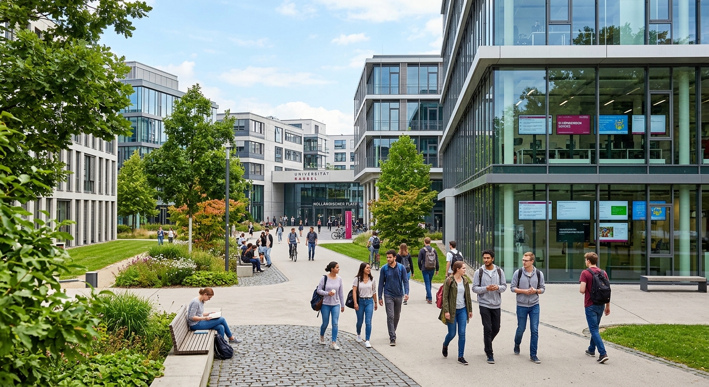 Modern university campus at University of Kassel with students walking between contemporary buildings, digital screens visible through glass facades, green spaces and trees in the foreground, Holländischer Platz campus area