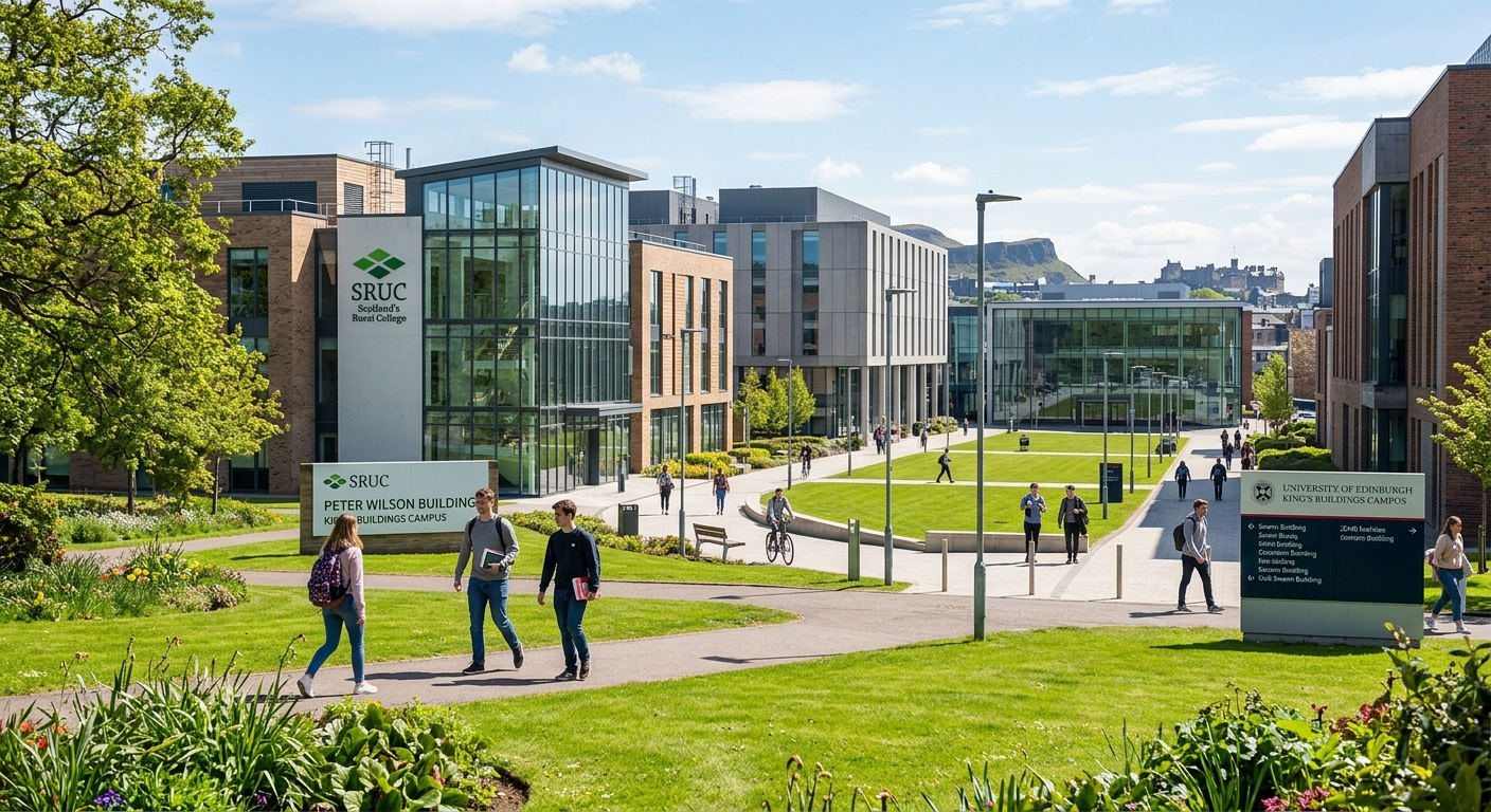 SRUC King's Buildings campus Edinburgh, modern teaching buildings alongside University of Edinburgh facilities, green campus lawns, students walking between buildings