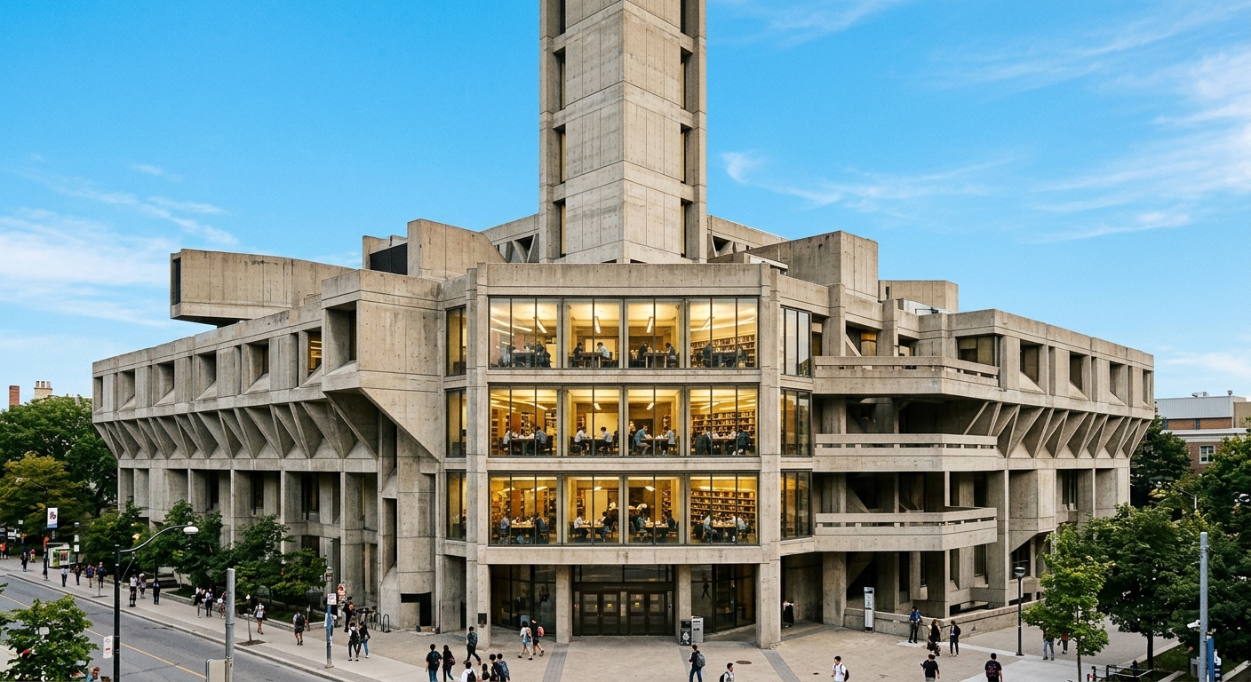 Robarts Library at University of Toronto, brutalist concrete architecture, triangular geometric facade, students studying inside large windows, blue sky