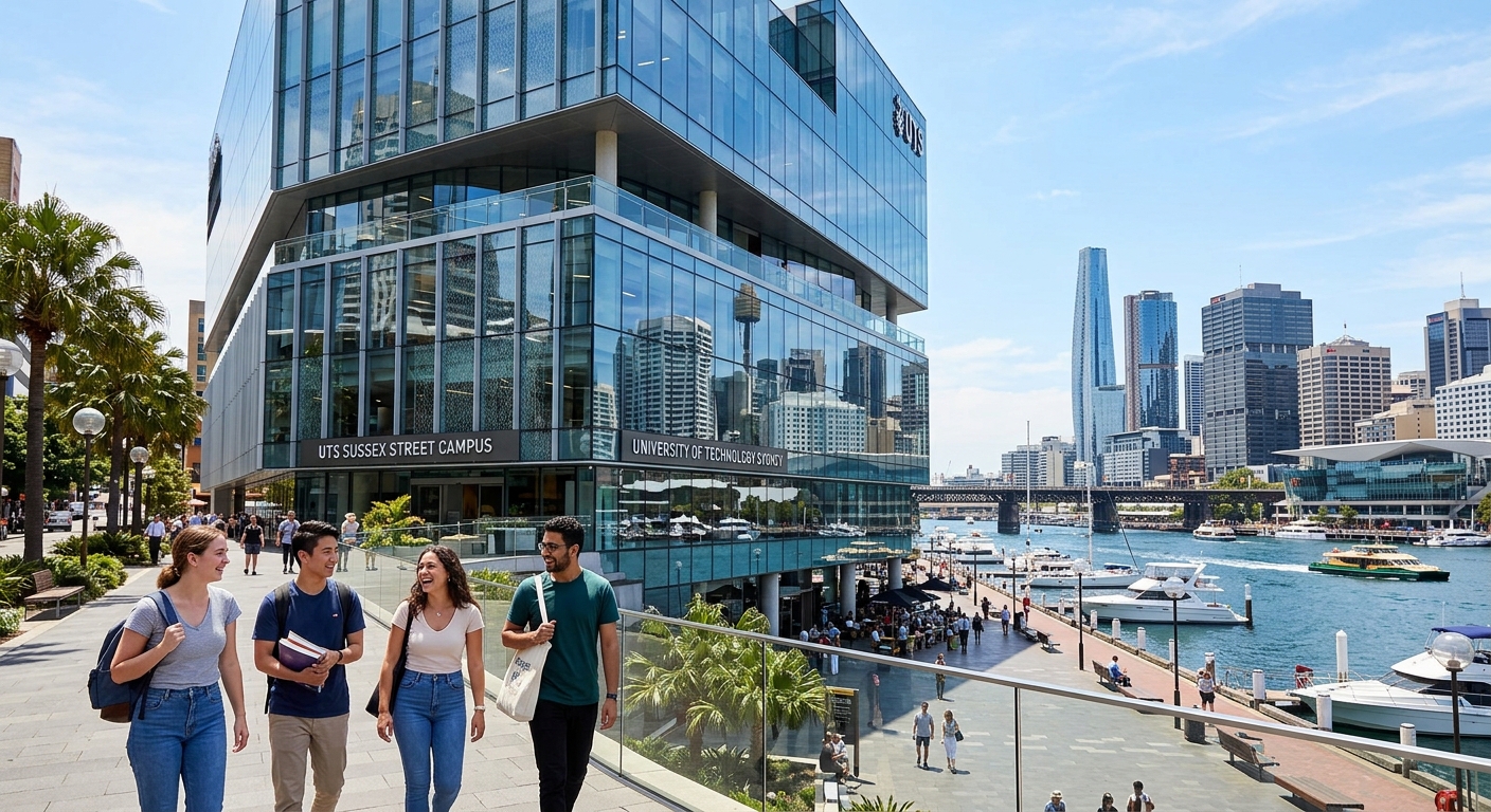 Modern multi-level campus building on Sussex Street in Sydney CBD, glass facade reflecting city skyline, international students walking near Darling Harbour with harbour views in background, sunny Australian day