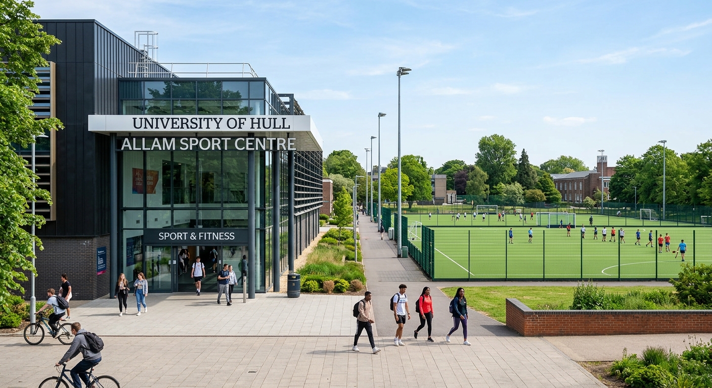 University of Hull Sports Centre exterior, modern building with glass entrance, students walking past outdoor 3G pitches, green campus surroundings