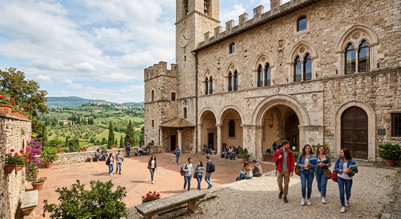 Historic stone university building in Perugia Italy with arched windows and medieval architecture, students walking through a sunlit courtyard with green Umbrian hills visible in the background