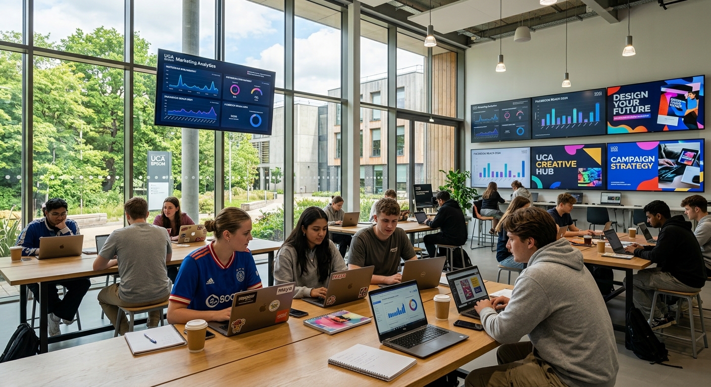 Modern university campus at UCA Epsom with creative students working on laptops in a bright open-plan digital studio, large screens displaying social media analytics dashboards and marketing campaign visuals, contemporary architecture with glass walls and green surroundings in Surrey, England