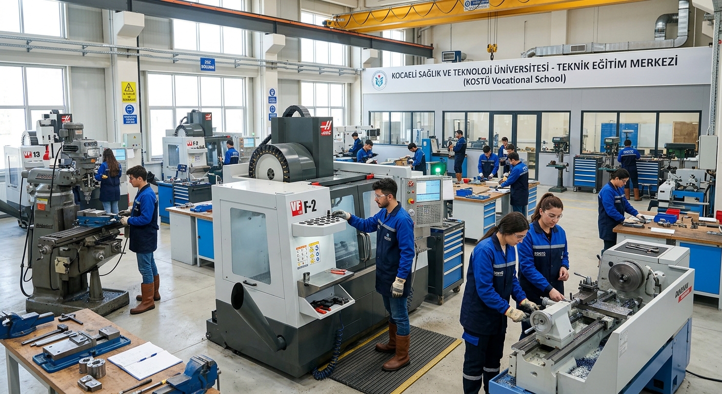 Modern vocational school workshop with CNC machines, lathes, and milling equipment, students in safety gear operating machinery, well-lit industrial training facility at Kocaeli Health and Technology University campus