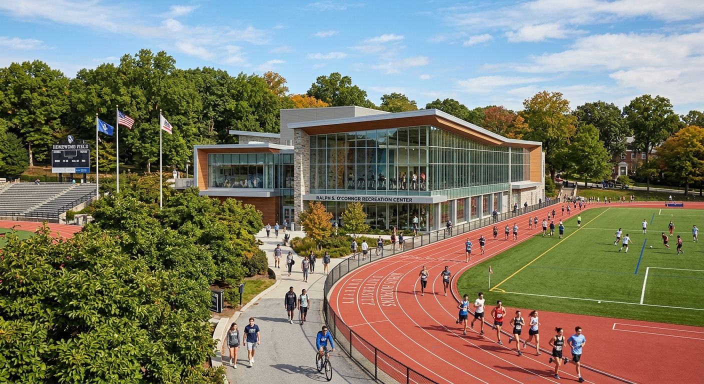 Johns Hopkins University recreation center and athletic facilities, modern glass building, outdoor track, students exercising, green trees surrounding the complex