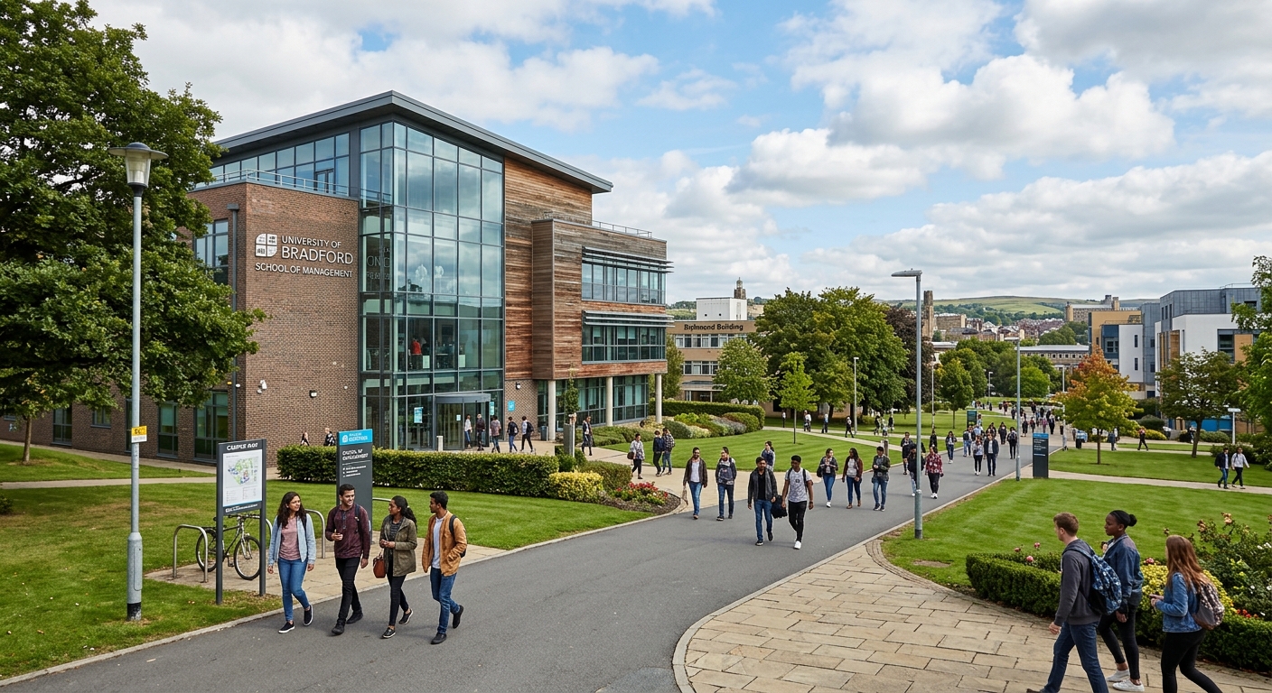University of Bradford campus with modern School of Management building, green lawns, and students walking along pathways in West Yorkshire, England, under a partly cloudy sky