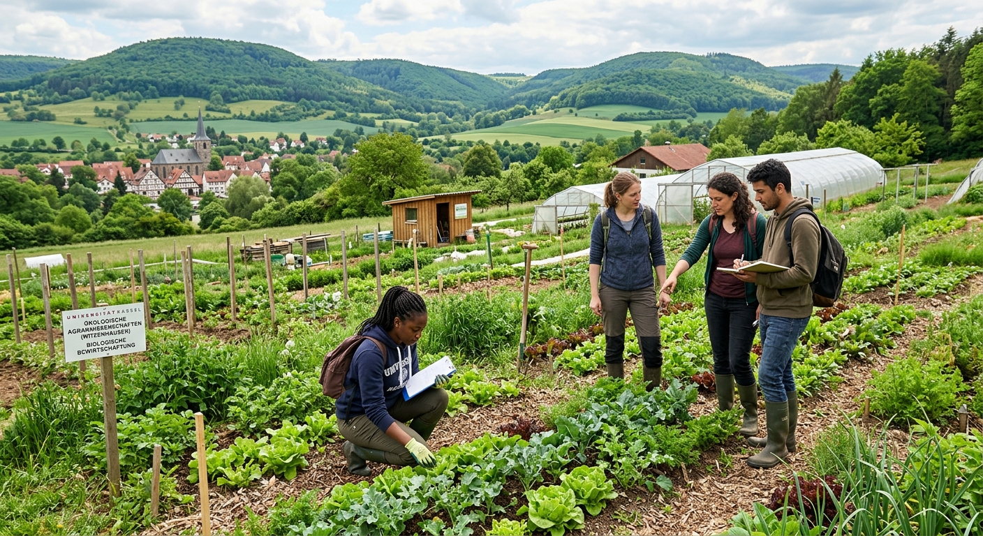 Lush green organic farm fields near Witzenhausen campus with rolling hills in the background, students examining crops in a sustainable agriculture setting, University of Kassel Germany
