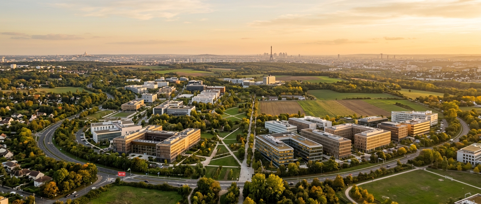 Panoramic view of the Plateau de Saclay area near Paris, modern research buildings and green landscape, Eiffel Tower visible in the distant skyline, golden hour lighting