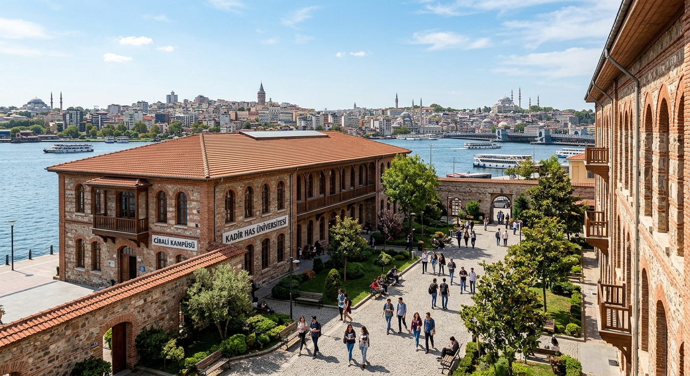 Historic Kadir Has University Cibali campus building along the Golden Horn waterfront in Istanbul, Turkey, with students walking through the restored Ottoman-era tobacco factory courtyard, clear sky and Bosphorus views in the background