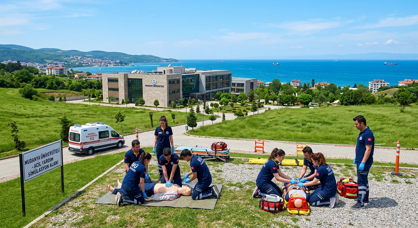 Modern university campus building surrounded by green meadows near the Sea of Marmara in Mudanya, Bursa, Turkey, with paramedic students practicing emergency response techniques on training mannequins in an outdoor simulation area under clear blue sky