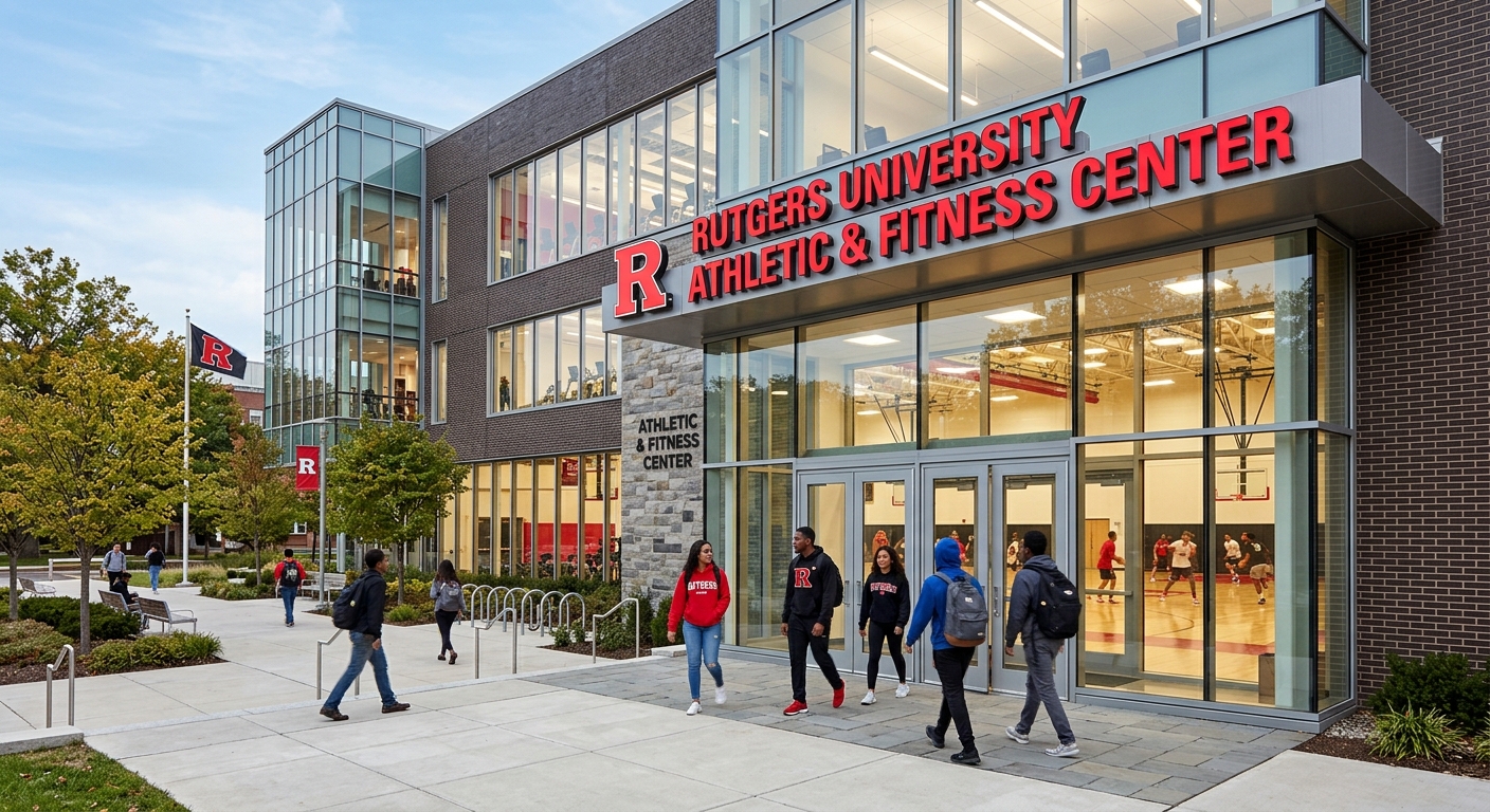 Rutgers Camden Athletic and Fitness Center modern building exterior with glass entrance, basketball courts visible inside, students entering