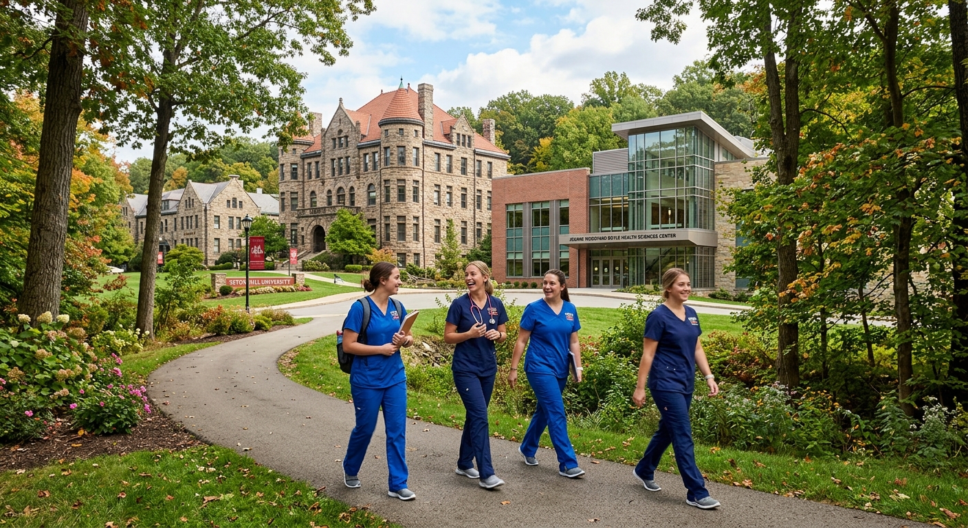 Seton Hill University campus in Greensburg Pennsylvania with the JoAnne Woodyard Boyle Health Sciences Center, nursing students in clinical scrubs walking through a green wooded campus, historic stone buildings with modern health science facilities