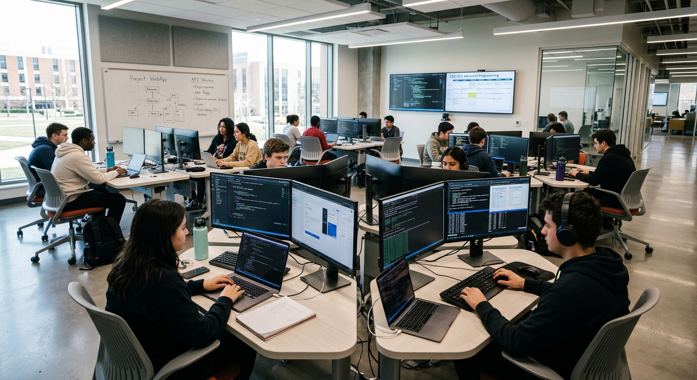 Modern university computing lab with students working on laptops and dual monitors, coding on screens, bright contemporary learning space with collaborative work areas and digital displays showing programming interfaces
