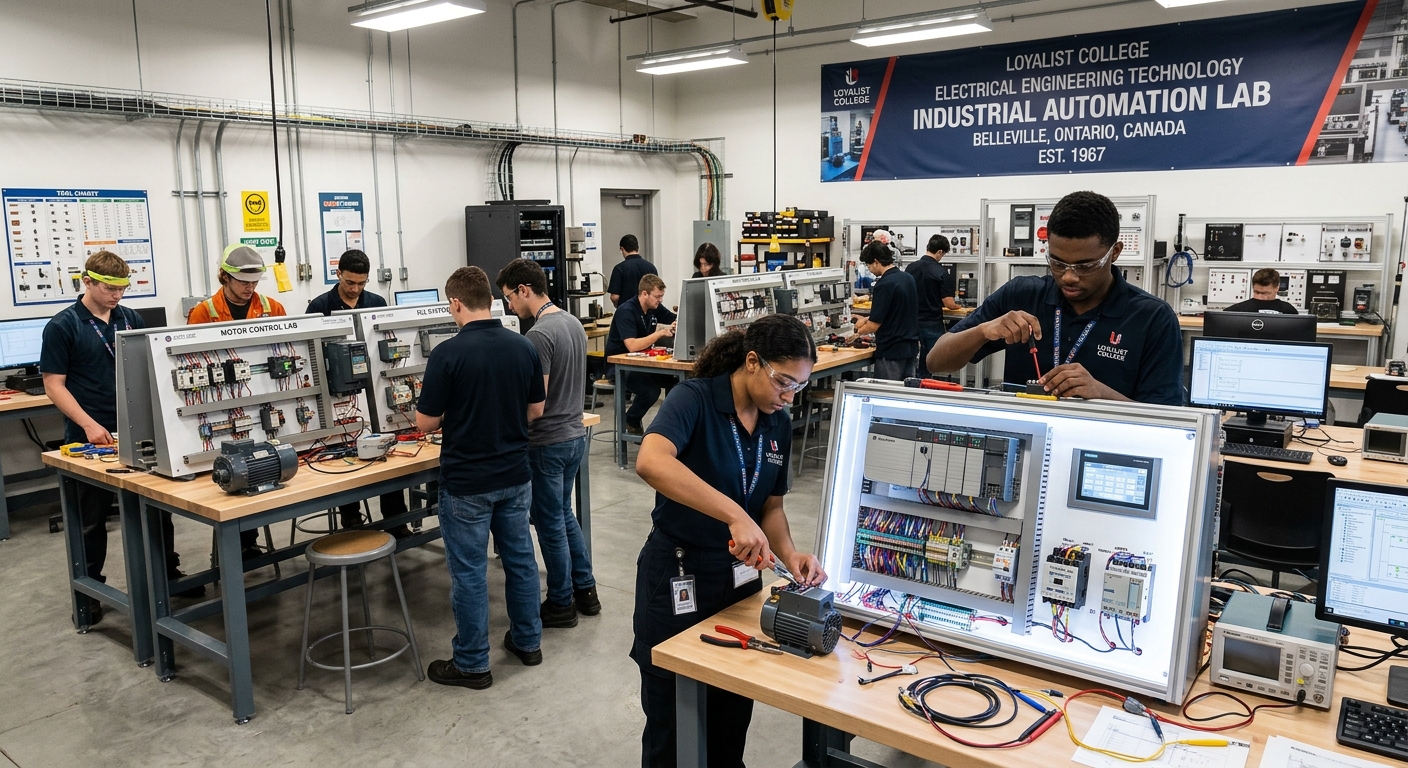 Loyalist College electrical engineering lab with students working on PLC controllers and industrial automation equipment, wiring panels and motor control circuits visible, bright workshop lighting in a modern trades training facility in Belleville Ontario Canada