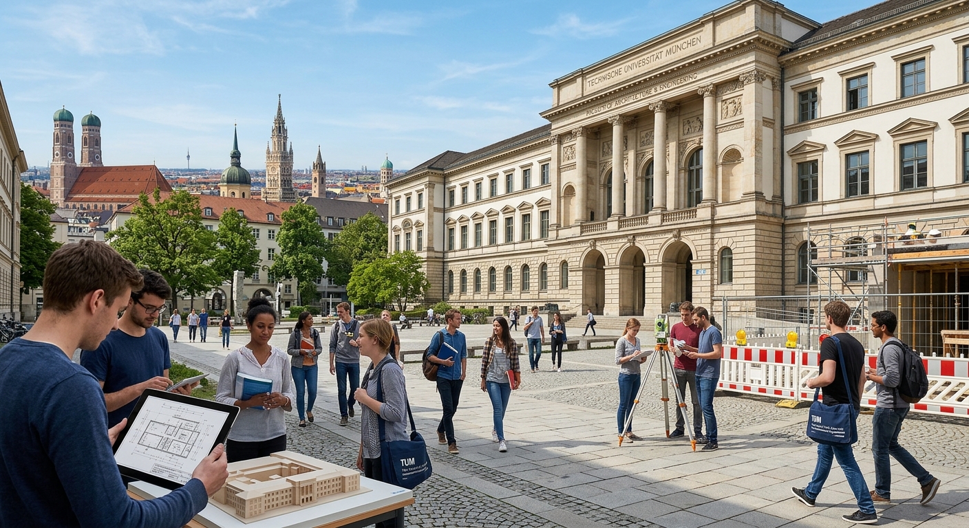 Technical University of Munich main campus building with classical architecture, students walking through the courtyard, Munich cityscape in the background, clear sky, engineering and construction imagery