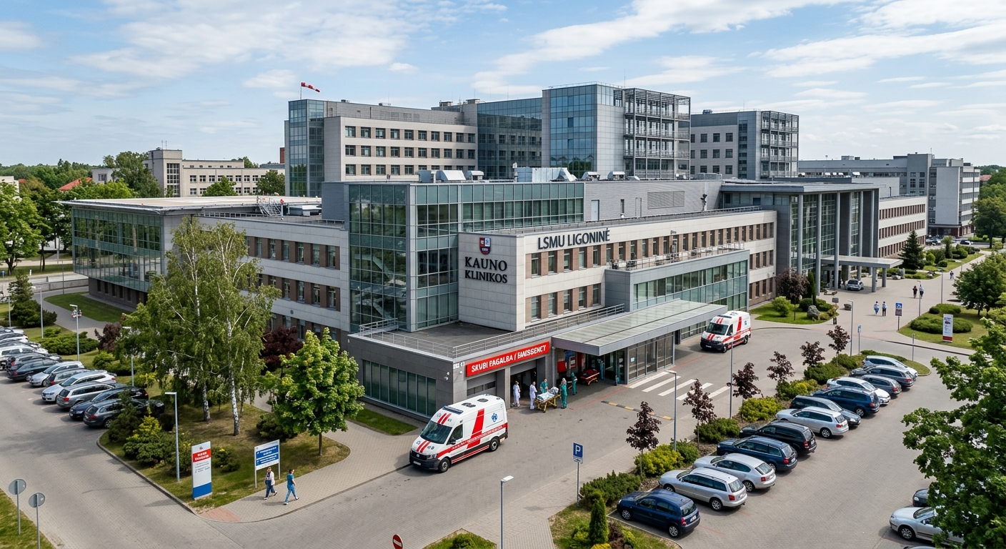 Hospital of Lithuanian University of Health Sciences Kaunas Clinics, large modern medical complex with multiple wings, glass facades, ambulance entrance, clinical environment