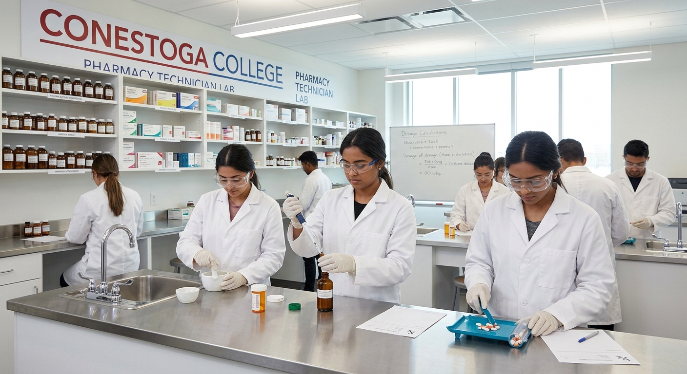 Modern pharmacy laboratory at Conestoga College with students in white lab coats practicing prescription dispensing and compounding, shelves of medications in the background, bright clinical lighting, Kitchener Ontario campus