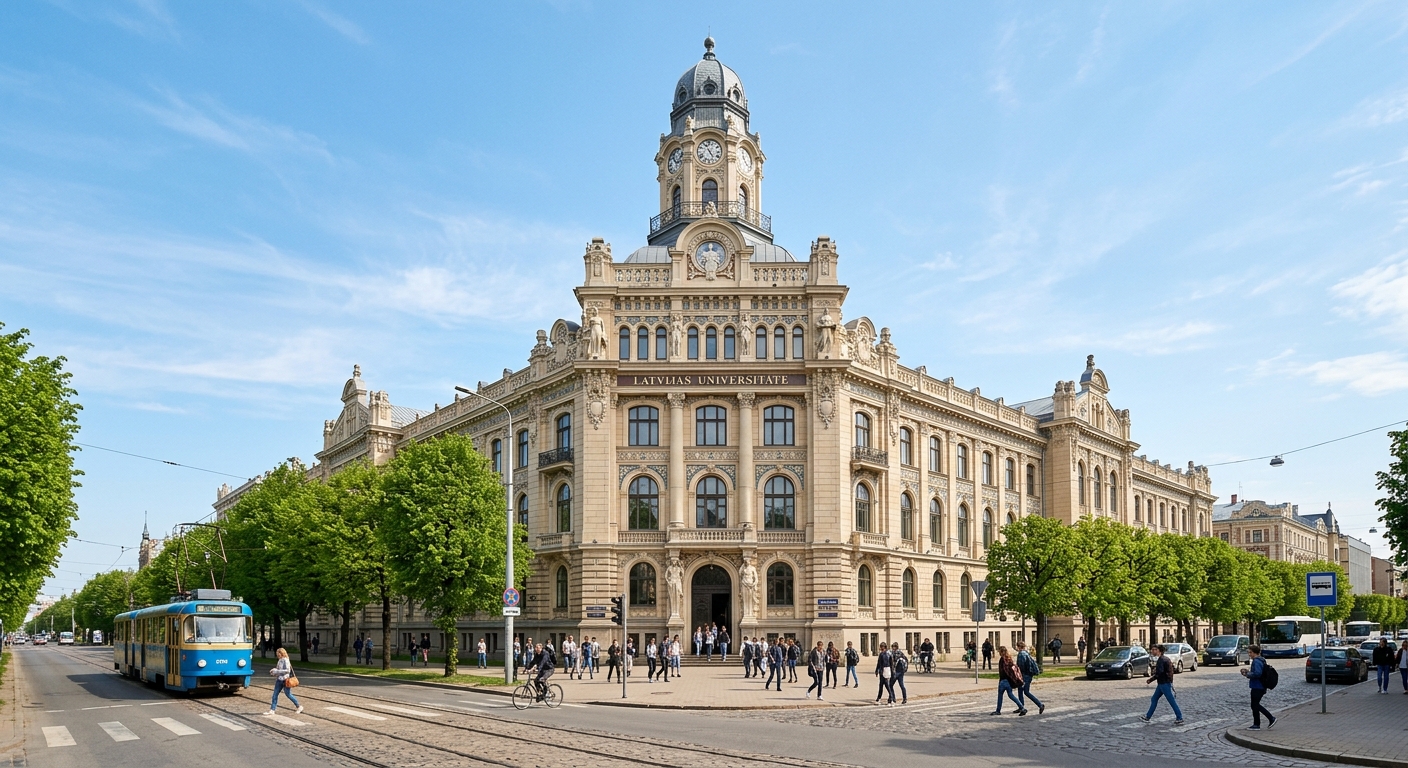 University of Latvia main building on Raina Boulevard in Riga, historic Art Nouveau facade, wide boulevard with trees, clear sky, students walking in front
