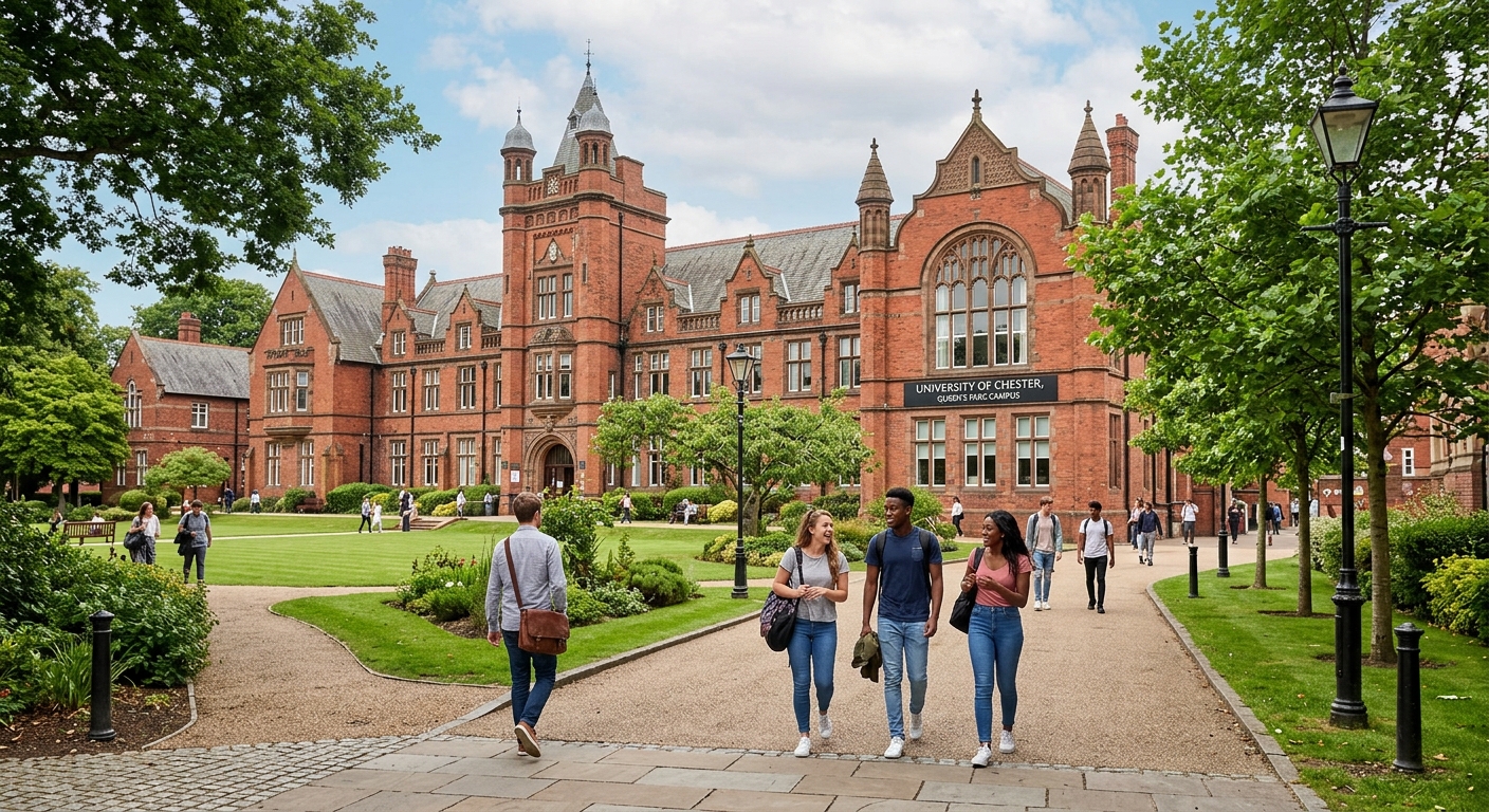 University of Chester Queen's Park Campus with historic red-brick buildings, green lawns, and students walking along tree-lined pathways in Chester, England