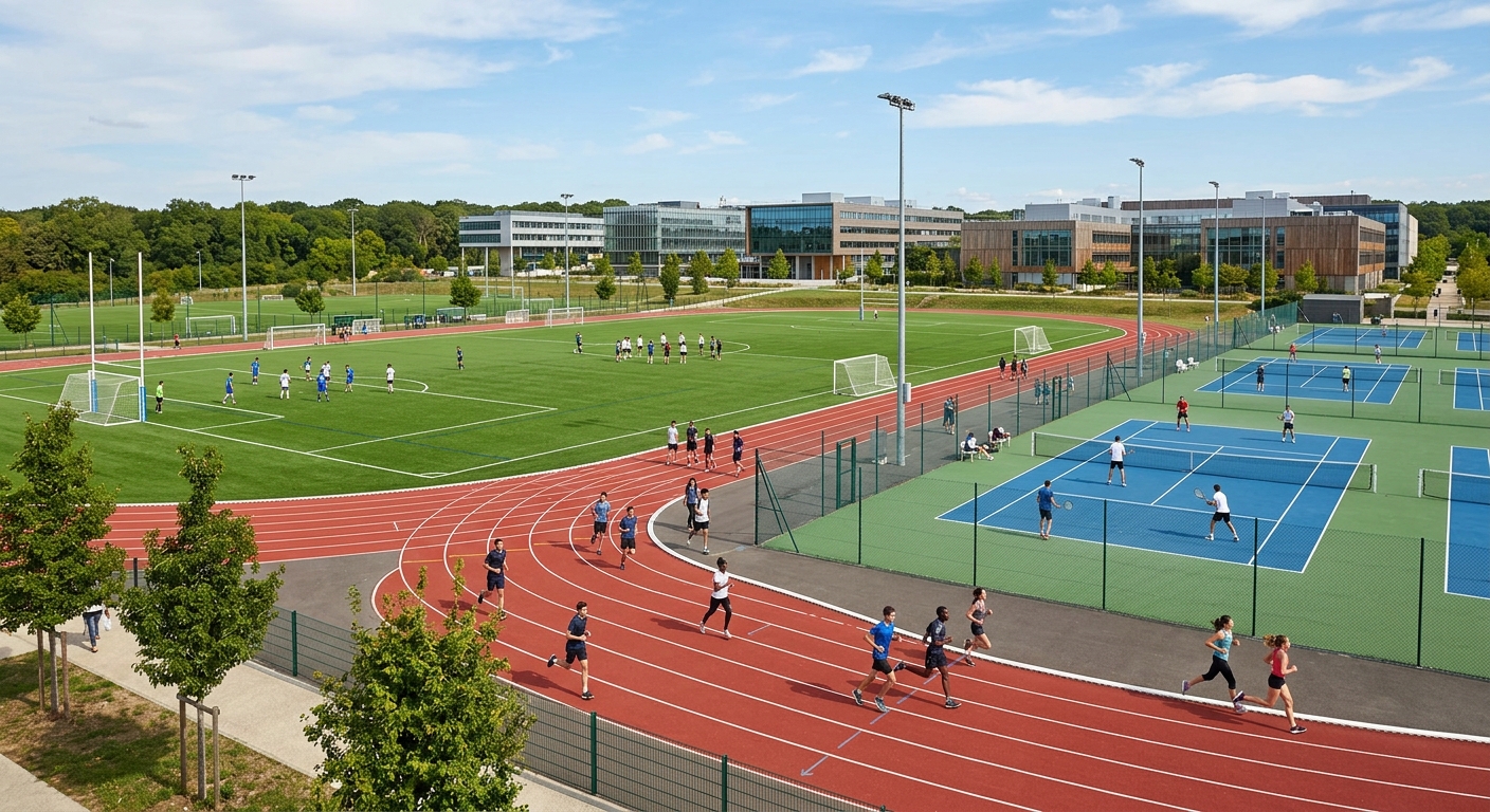 Sports facilities at Plateau de Saclay campus, outdoor running track, tennis courts, green fields, students engaged in athletic activities under blue sky