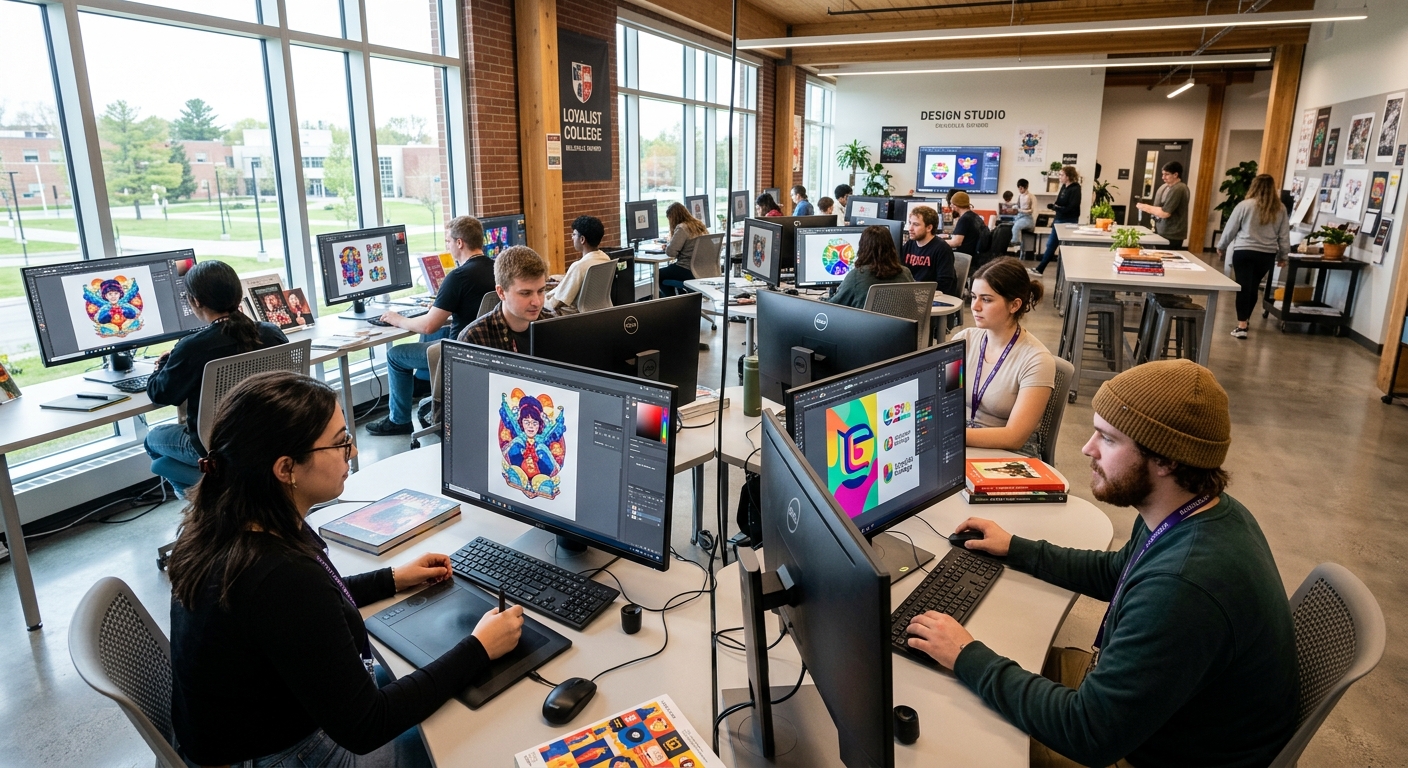 Modern graphic design studio at Loyalist College in Belleville Ontario, students working on digital illustrations using industry-standard software, large monitors displaying colorful designs, bright creative workspace with natural light