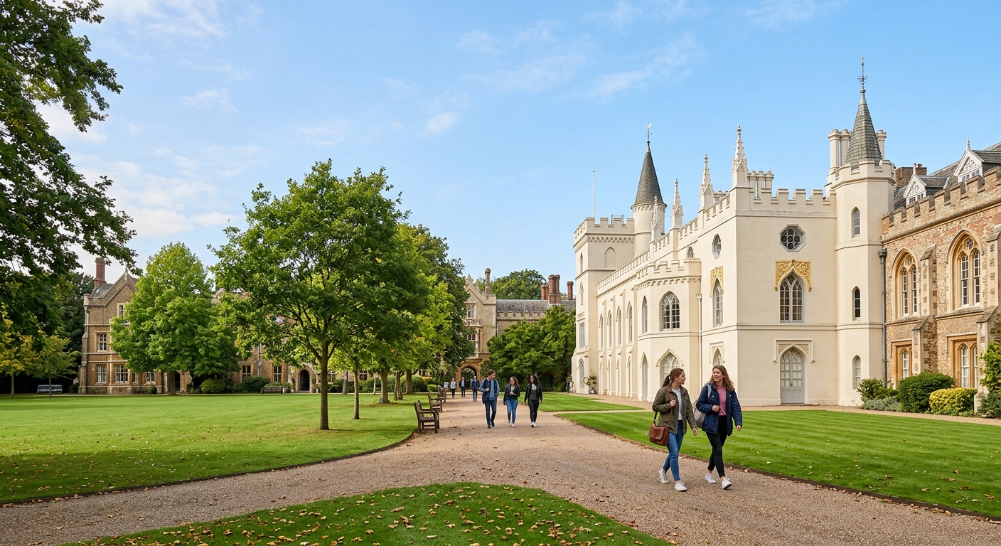 Historic St Mary's University campus in Twickenham, London, with green lawns and Victorian Gothic architecture, students walking along tree-lined pathways near Strawberry Hill House, clear sky with soft sunlight
