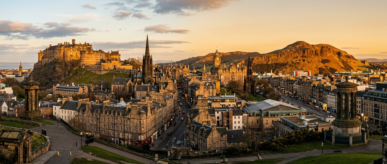 Edinburgh skyline panoramic view with Edinburgh Castle on the rock, Arthur's Seat in the background, historic Old Town buildings, golden hour lighting, Scotland
