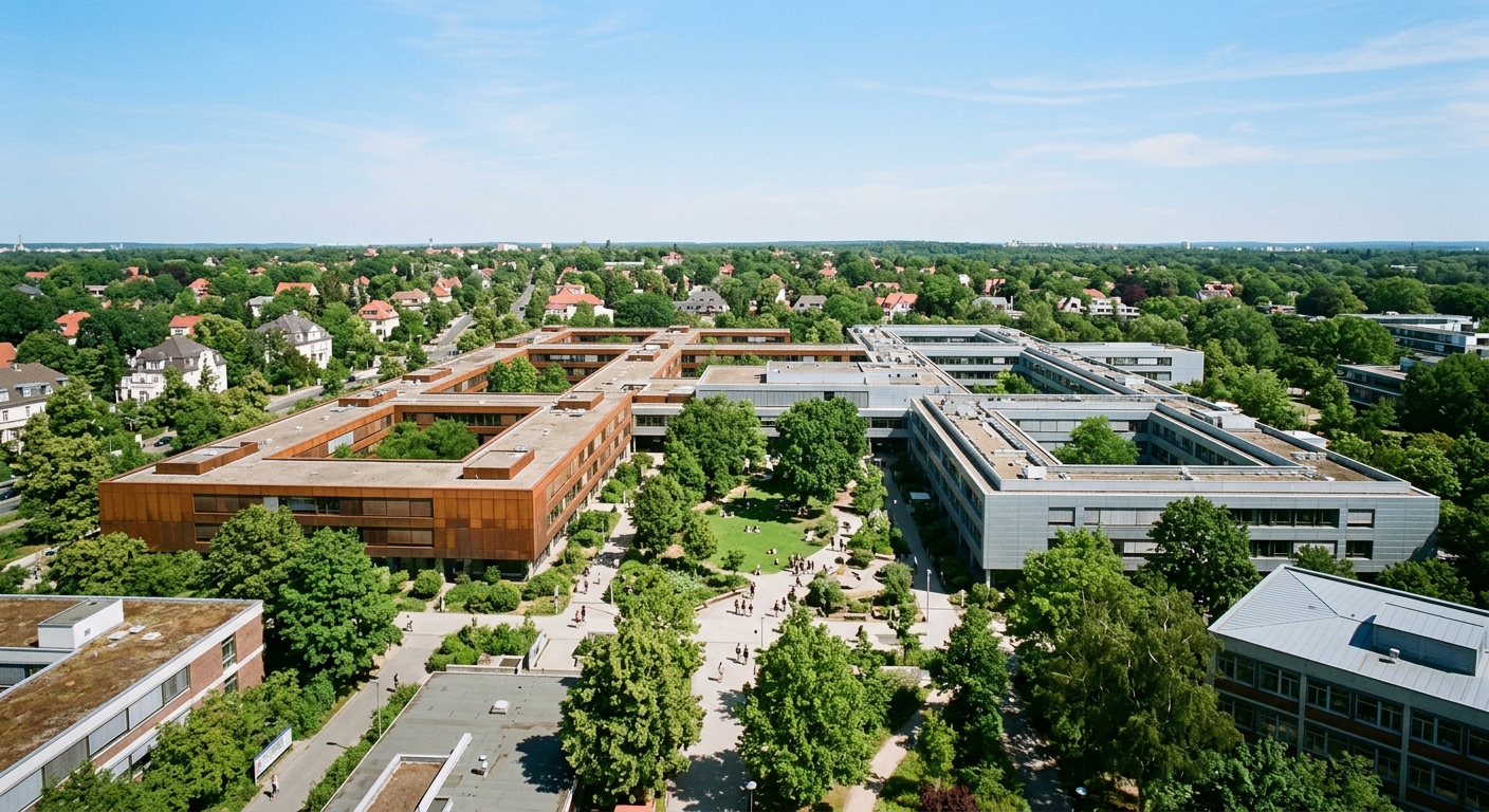 Freie Universität Berlin Dahlem campus wide shot, Rost- und Silberlaube building complex with bronze and silver facades, green courtyards, leafy suburban setting, clear sky