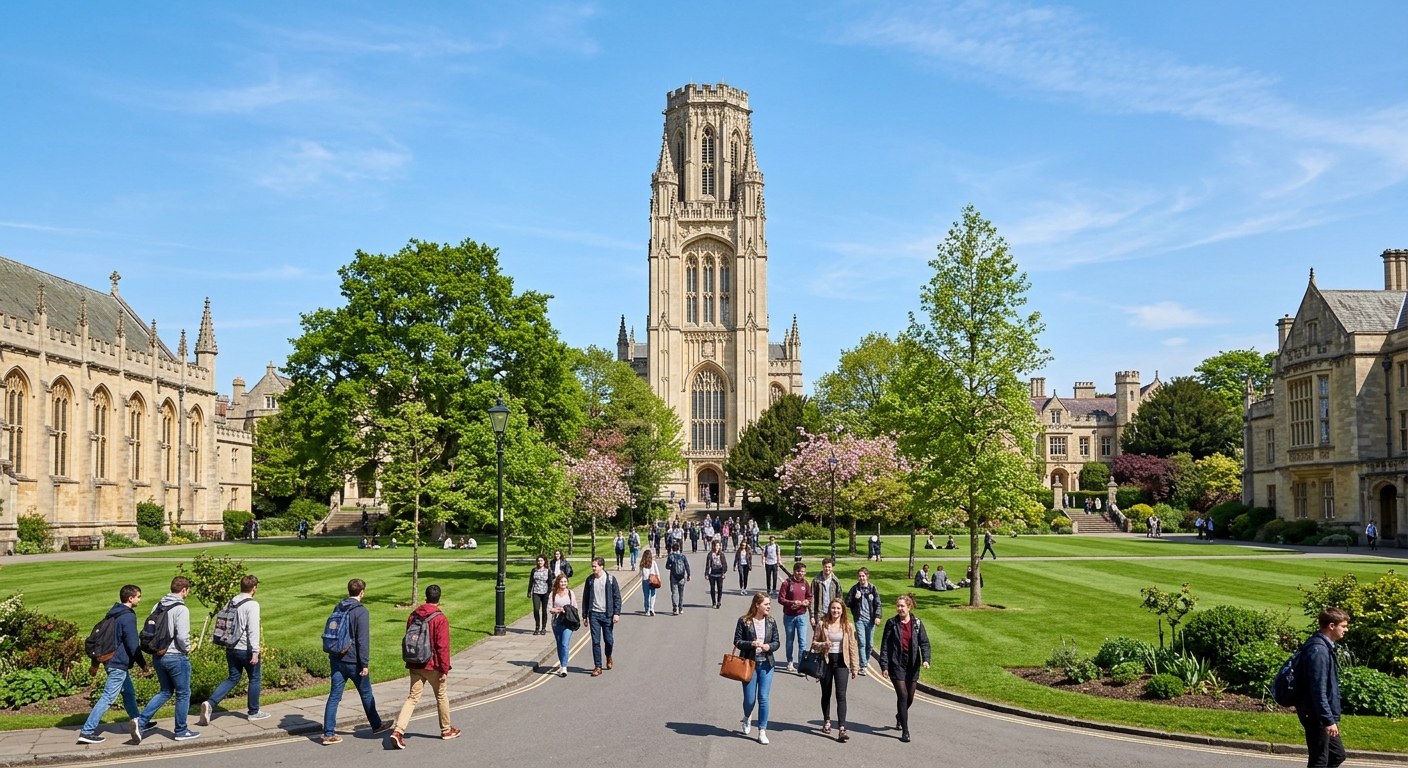 University of Bristol historic campus with Gothic Revival architecture, green lawns, and students walking along tree-lined paths in Bristol, England, bright daylight with blue sky
