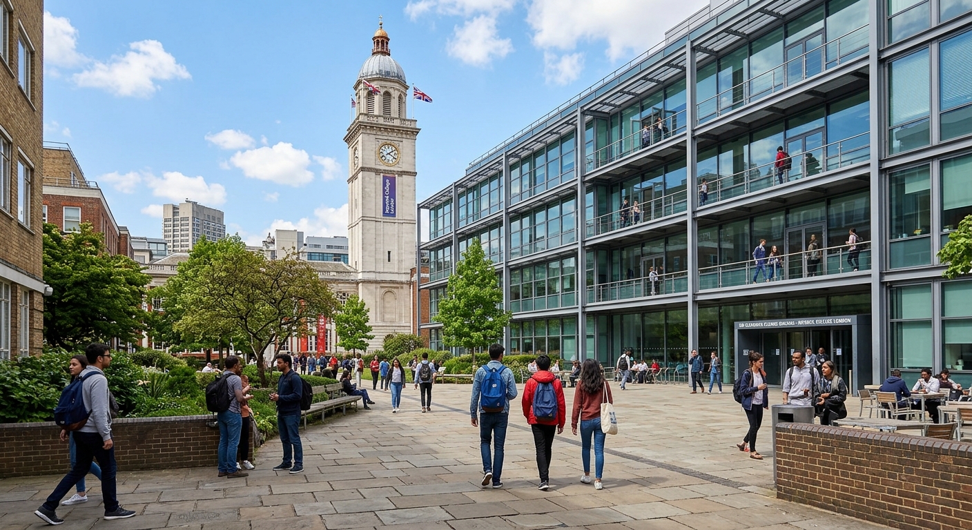 Imperial College London South Kensington campus with the Queen's Tower in the background, modern medical research building, students walking through the campus courtyard on a sunny day in London