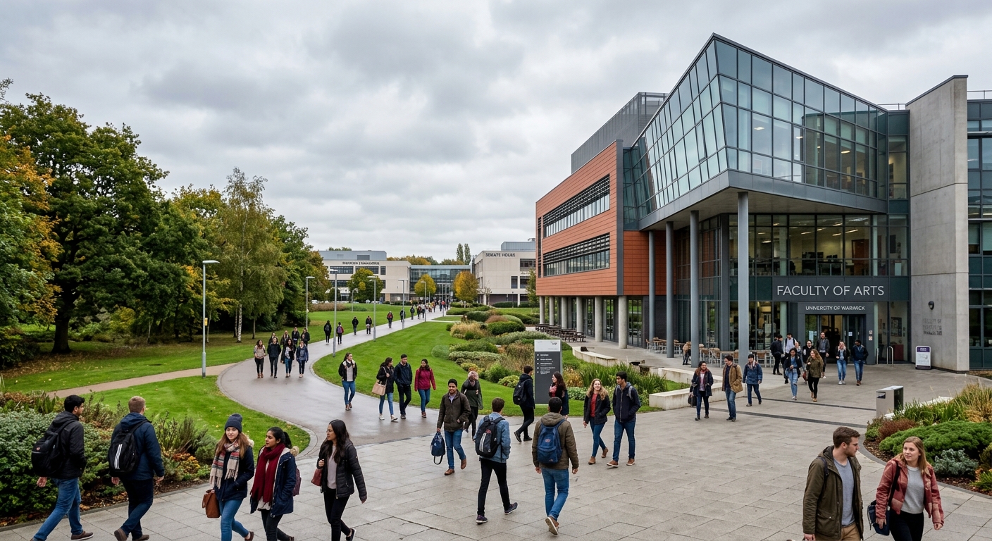 University of Warwick modern campus with contemporary architecture, green parkland, and students walking along pathways near the Faculty of Arts building, overcast English sky