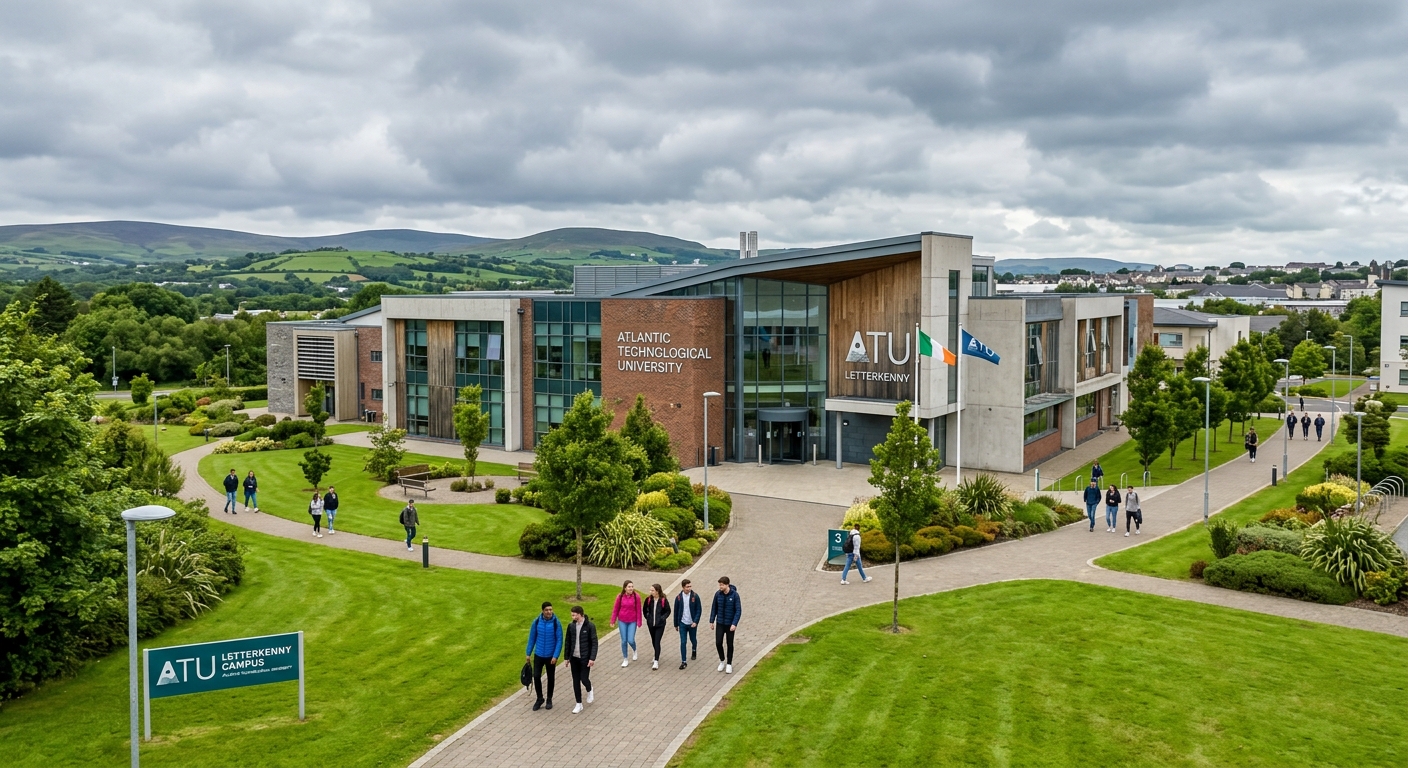 Modern university campus building at Atlantic Technological University Letterkenny, County Donegal, Ireland, with green landscaped grounds, students walking along pathways, overcast Irish sky in the background