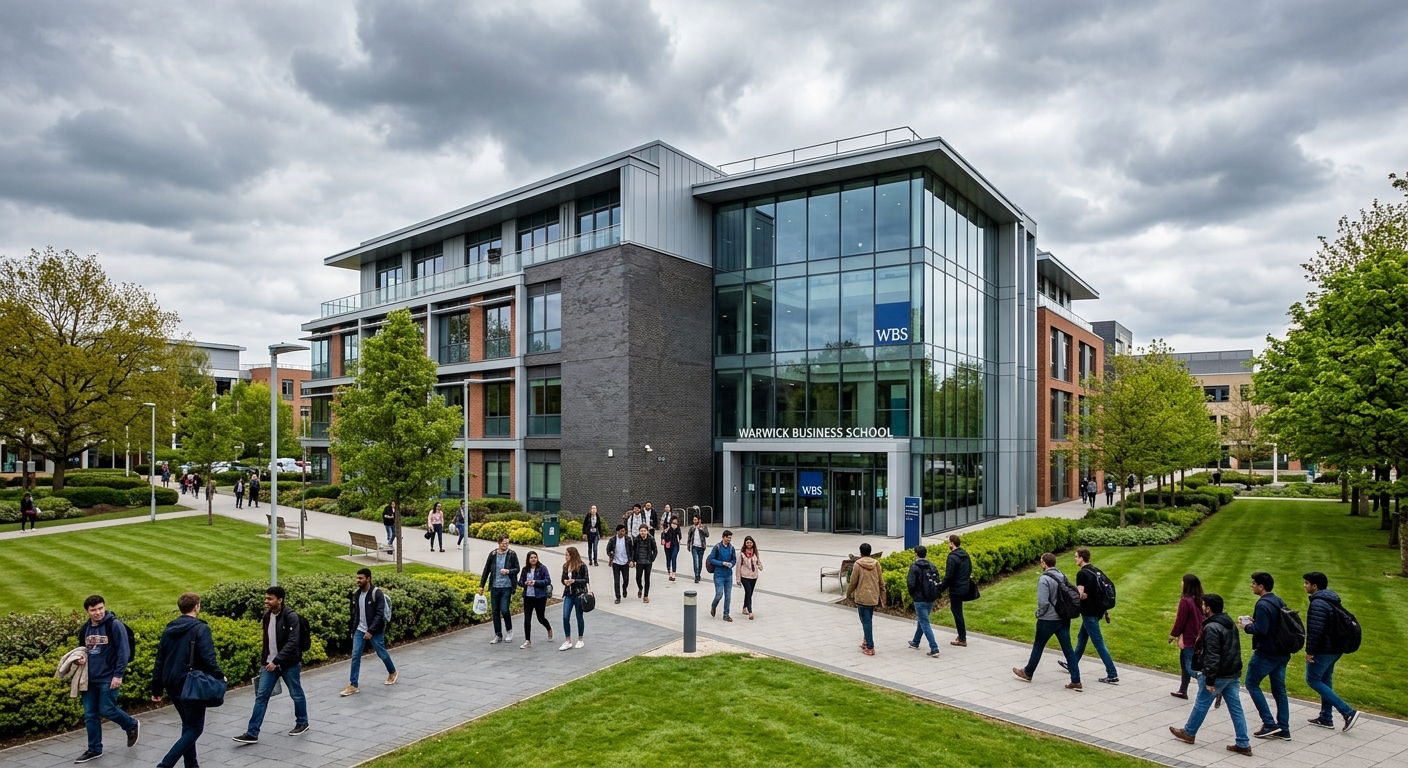 Warwick Business School modern building exterior on the University of Warwick campus, contemporary glass and brick architecture surrounded by green lawns, students walking along pathways, overcast English sky