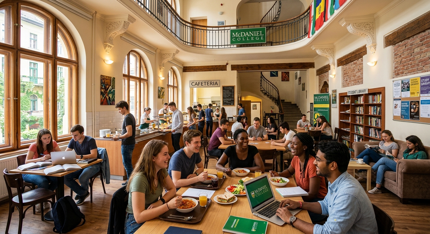 McDaniel College Budapest student common area and cafeteria, diverse students socializing and studying, bright interior with European architectural details
