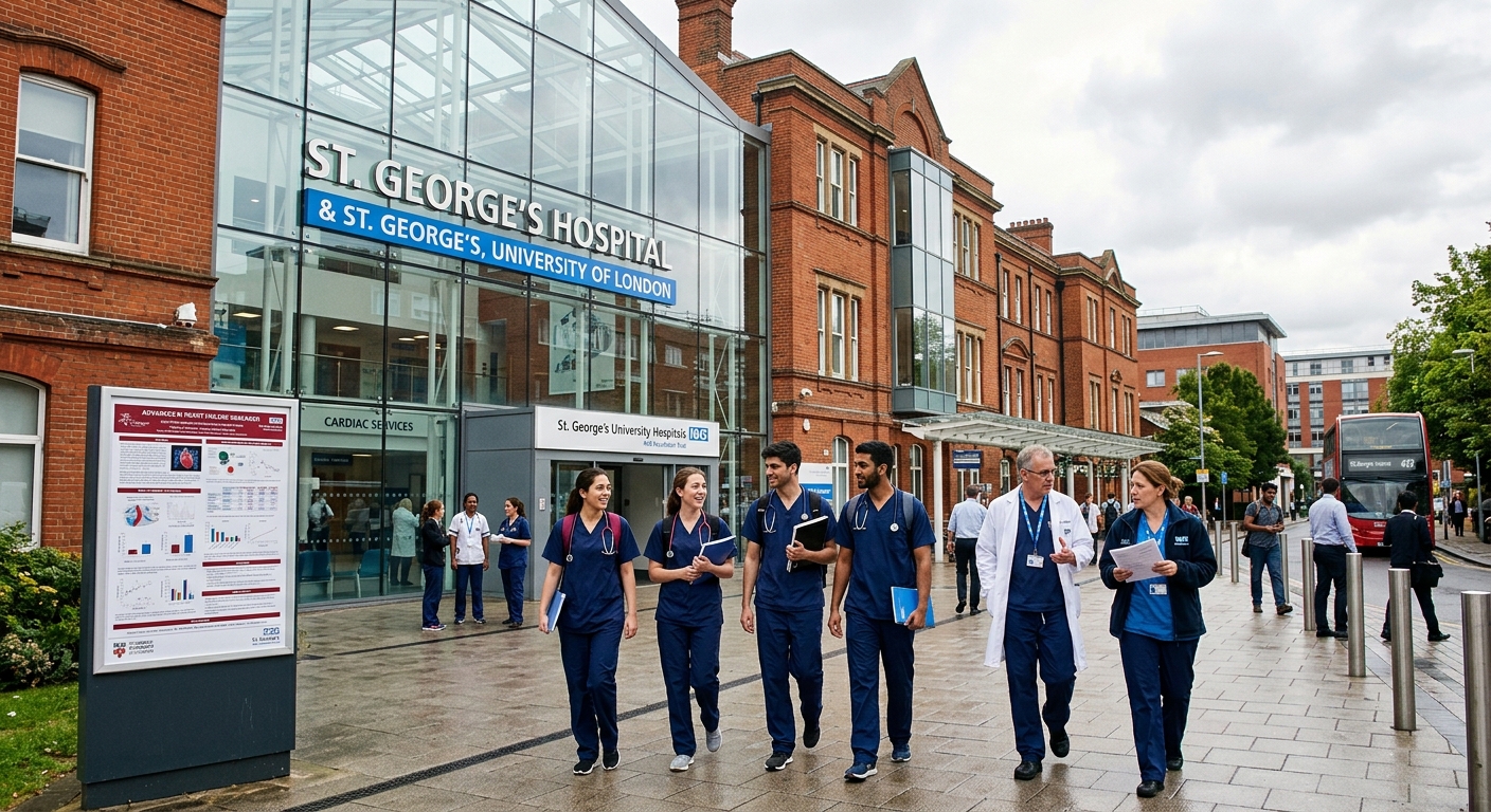 Modern cardiology teaching hospital campus in London, medical students and clinicians walking near St George's Hospital, red brick building with glass atrium, heart failure research posters visible, bright overcast London sky