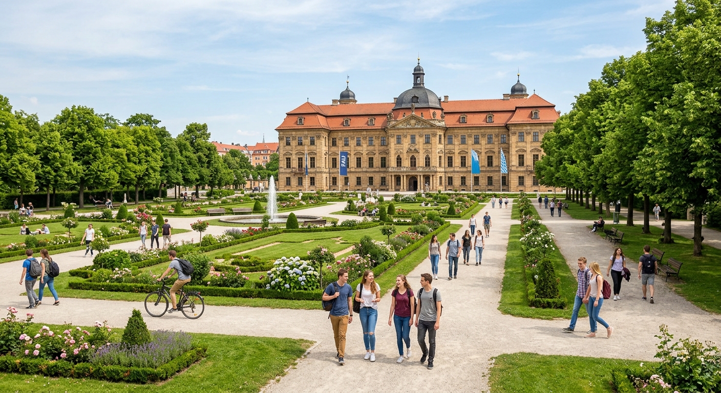 FAU Erlangen Schlossplatz main campus with historic castle building, manicured baroque garden, students walking on pathways, sunny day with green trees