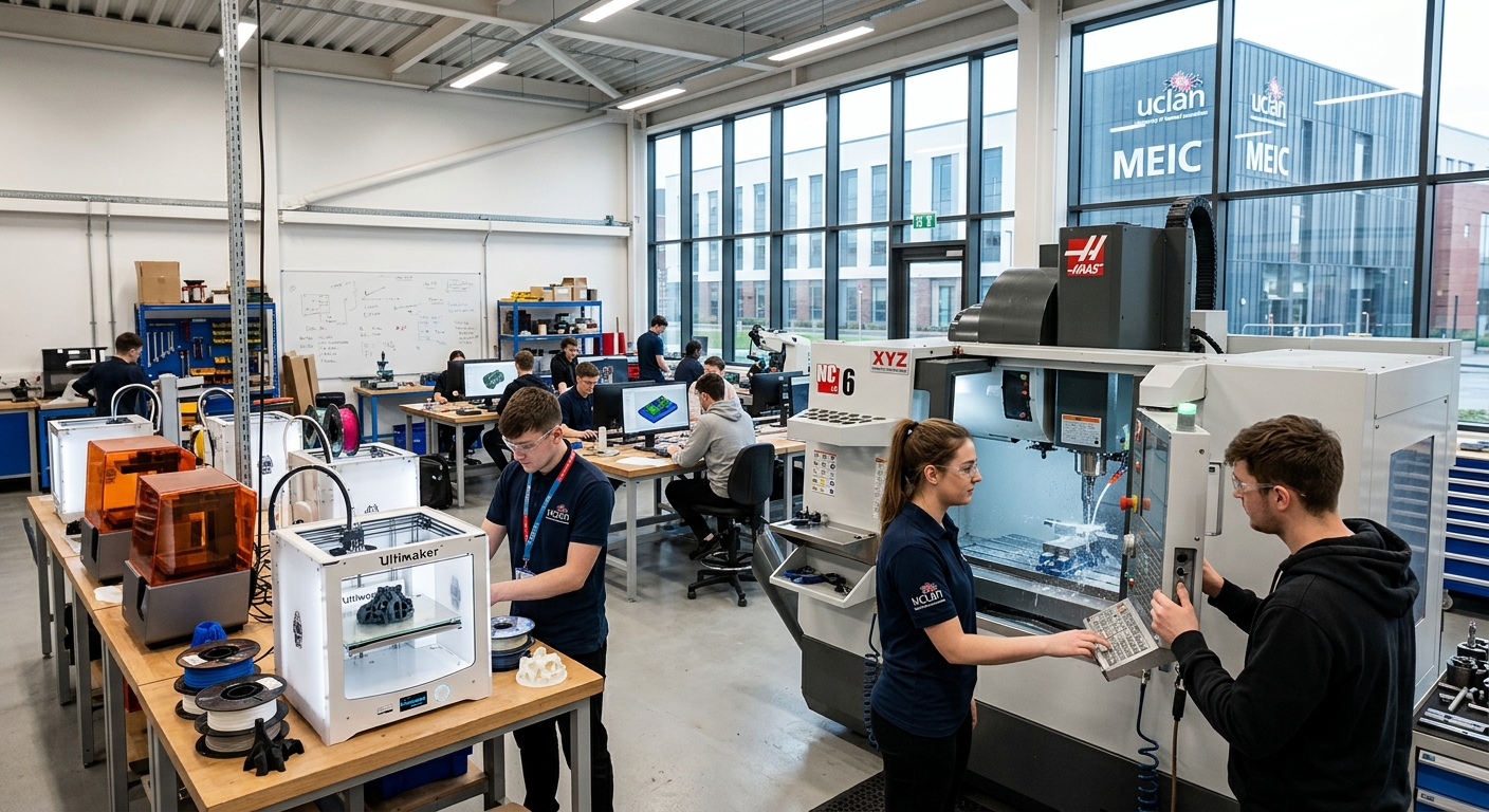 Modern Engineering Innovation Centre at the University of Lancashire Preston campus, students working with CNC machines and 3D printers in a bright contemporary workshop space