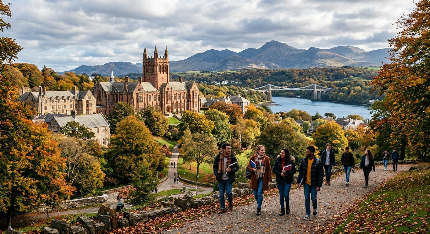 Historic Bangor University campus buildings set against the dramatic backdrop of Snowdonia mountains and the Menai Strait in North Wales, with students walking along tree-lined paths in autumn