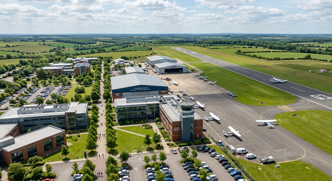 Cranfield University campus with its own airport runway visible in the background, aviation research facilities, modern academic buildings surrounded by green Bedfordshire countryside, light aircraft on tarmac