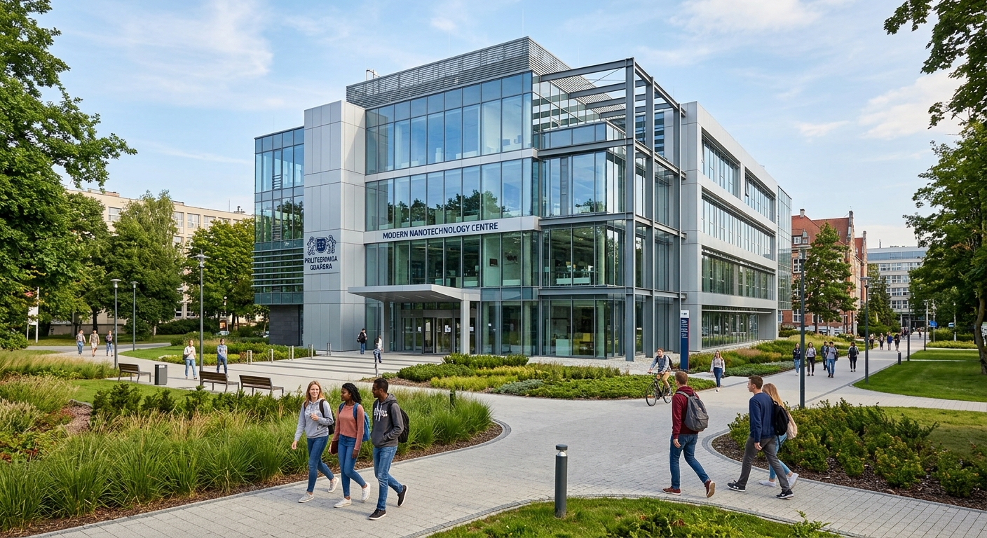 Modern Nanotechnology Centre at Gdansk University of Technology, sleek glass and steel contemporary research building surrounded by green campus landscape, students walking on pathways