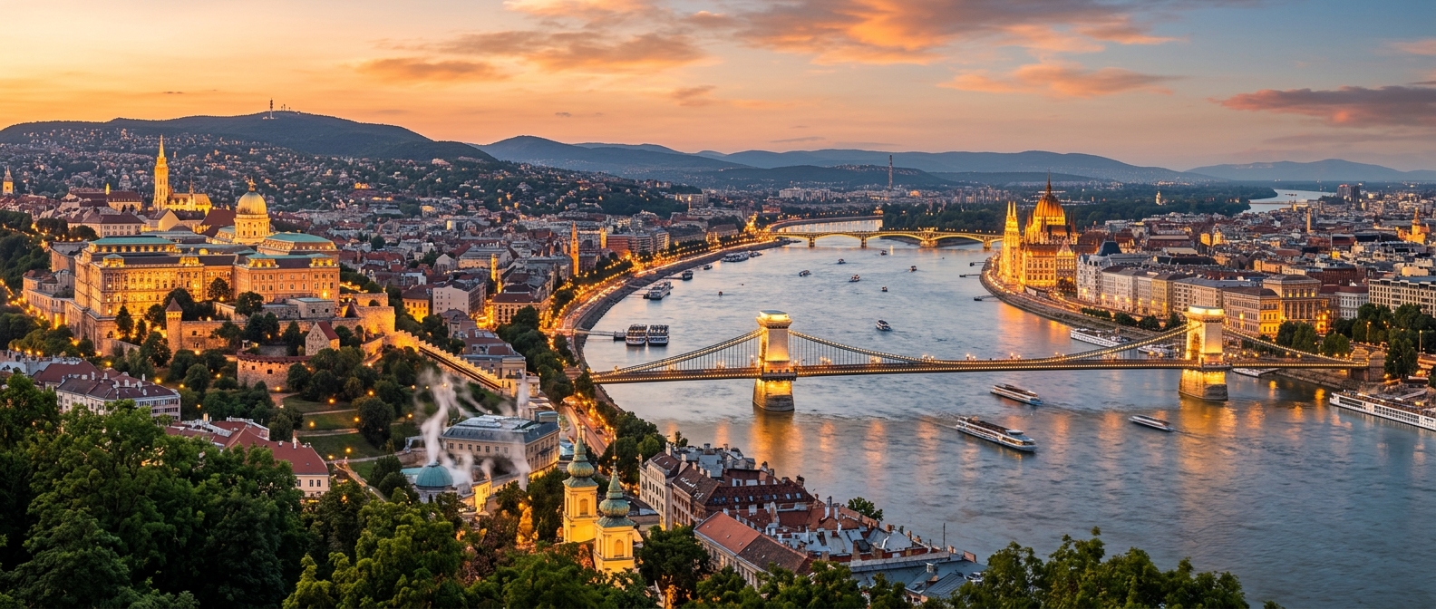 Panoramic view of Budapest cityscape at golden hour, Hungarian Parliament Building along the Danube River, Chain Bridge connecting Buda and Pest, thermal baths steam rising, historic rooftops