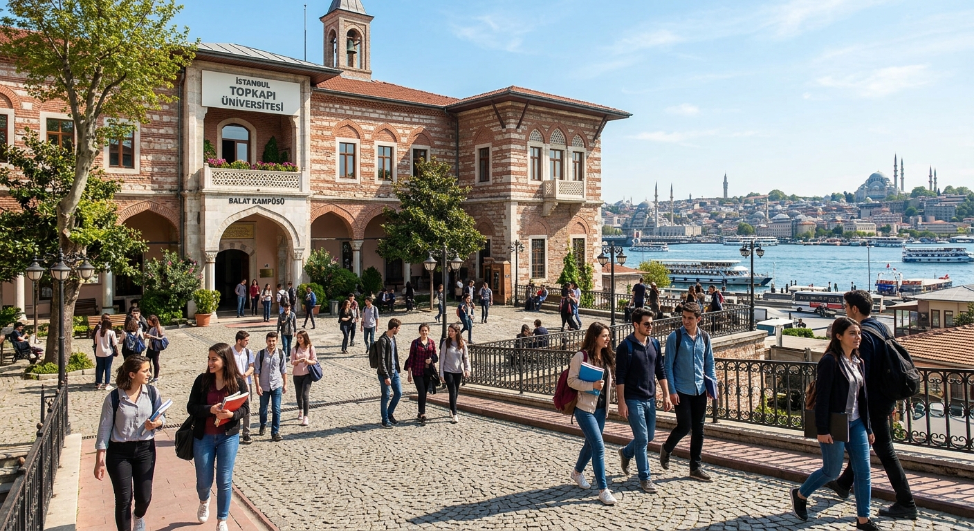 Istanbul Topkapı University historic Balat campus building with students walking through courtyard, Golden Horn waterfront visible in background, sunny day in Istanbul Turkey