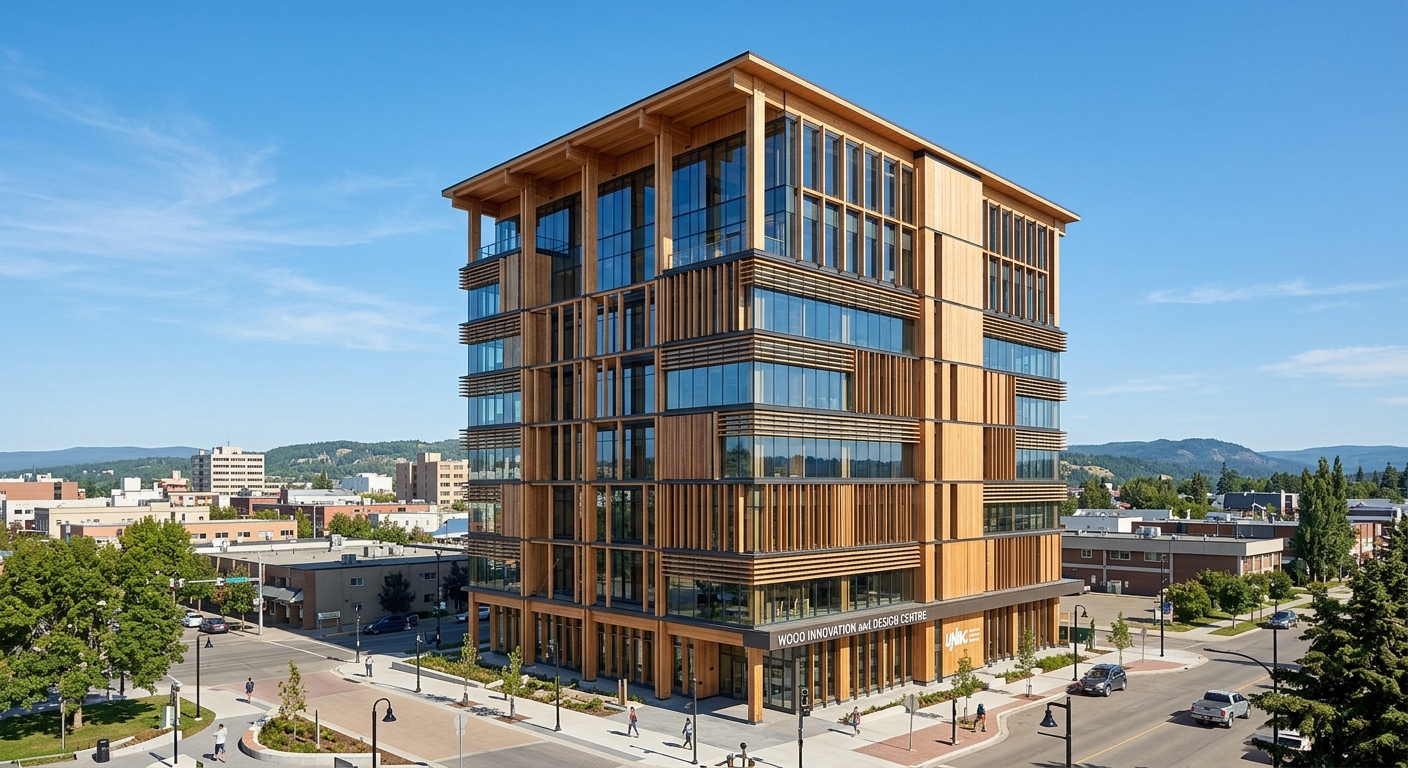 Wood Innovation and Design Centre at UNBC, tall modern all-timber building, innovative wooden architecture, clear sky background, Prince George cityscape
