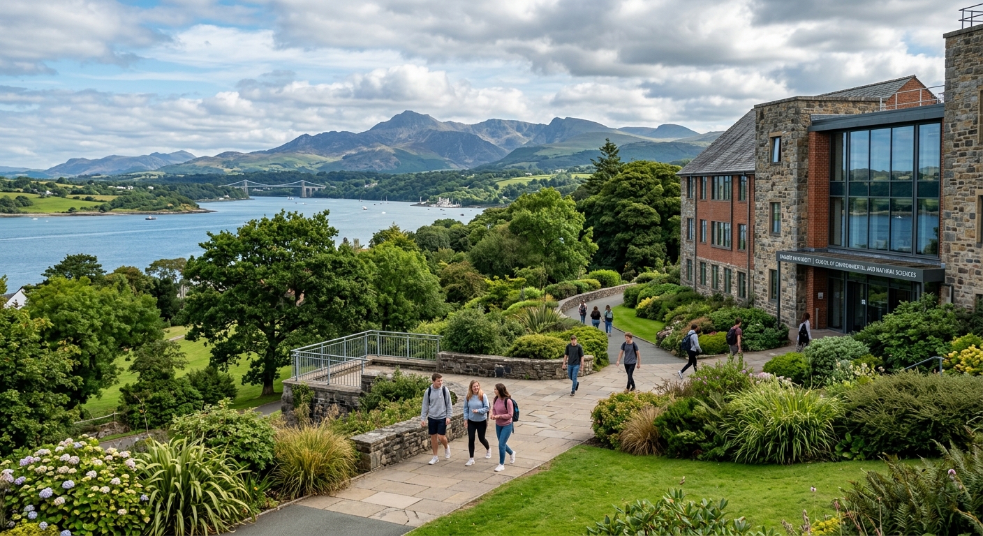 Bangor University campus with the Menai Strait and Snowdonia mountains in the background, lush green surroundings, students walking near the School of Environmental and Natural Sciences building with coastal views