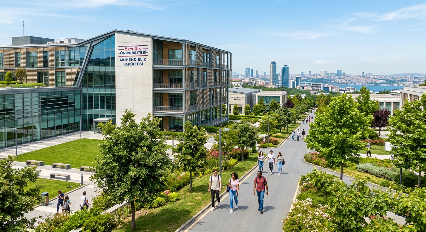 Modern Özyeğin University campus in Istanbul with green landscape, contemporary Faculty of Engineering building, students walking along tree-lined pathways, bright daylight with city skyline in background