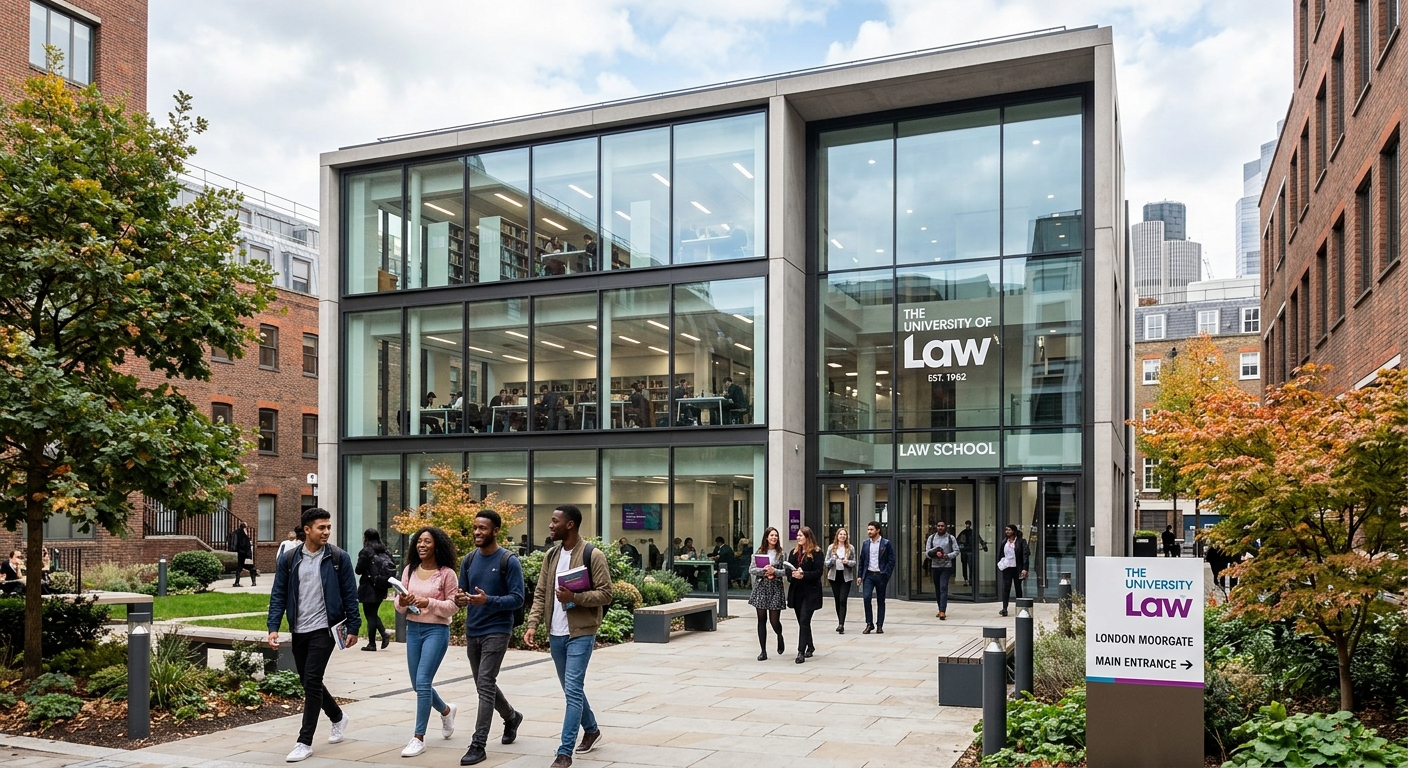 Modern law school campus building at The University of Law in the United Kingdom, with glass-fronted architecture, students walking through courtyard, professional legal education environment with natural lighting