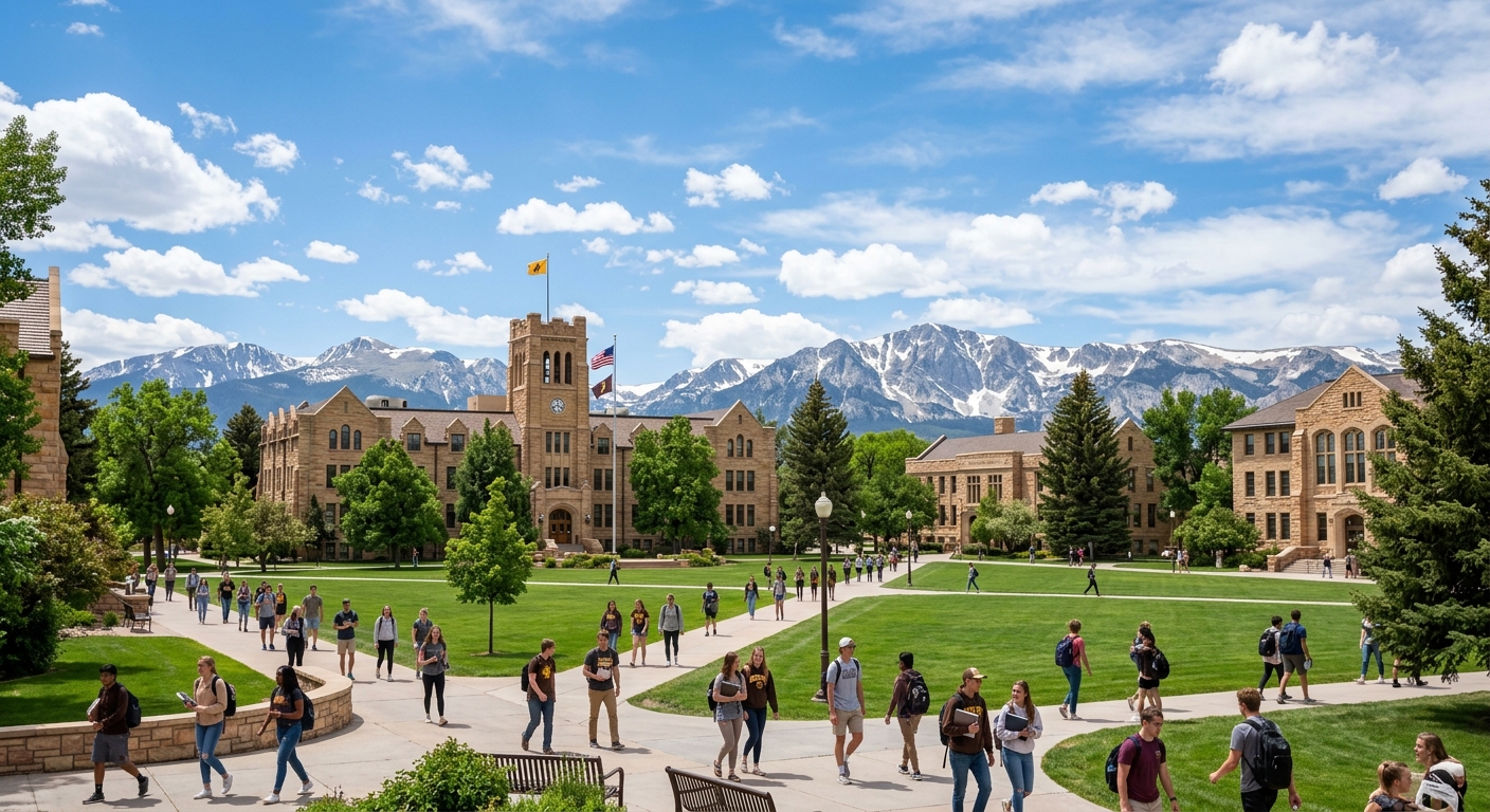 University of Wyoming campus in Laramie with sandstone buildings, open blue sky, and the Medicine Bow Mountains visible in the background, students walking across green lawns
