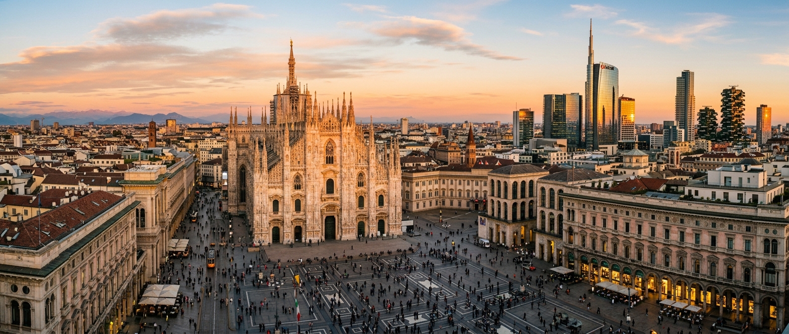 Milan city skyline panorama, Duomo di Milano cathedral, modern skyscrapers of Porta Nuova district, golden hour light, bustling piazza with people, Italian architecture