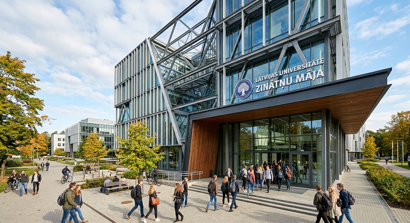 University of Latvia House of Science modern glass and steel building, contemporary architecture, students entering the building, Academic Centre campus