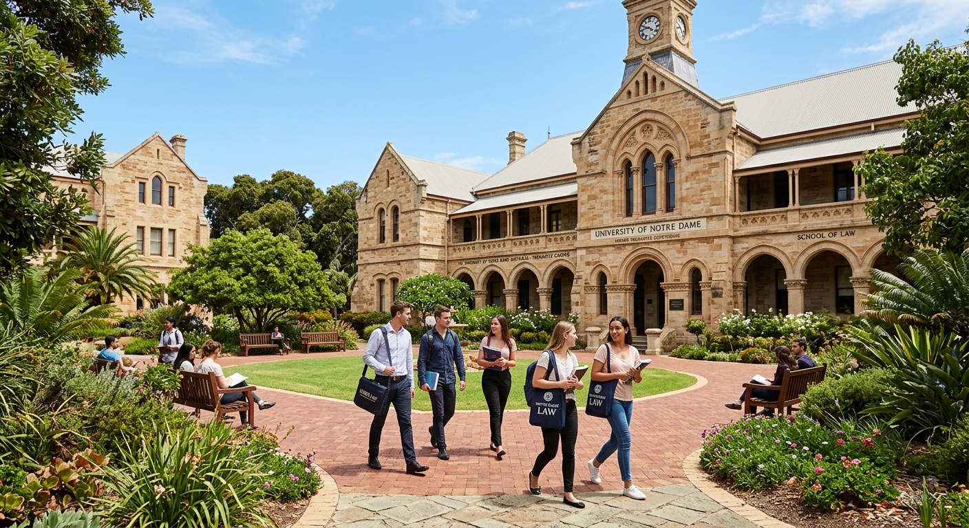 Historic sandstone university campus in Fremantle, Western Australia, with heritage courthouse building, law students walking through courtyard, lush green gardens and blue sky backdrop